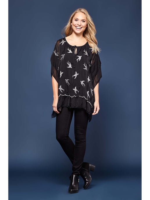 Embroidered Bird Frill Top