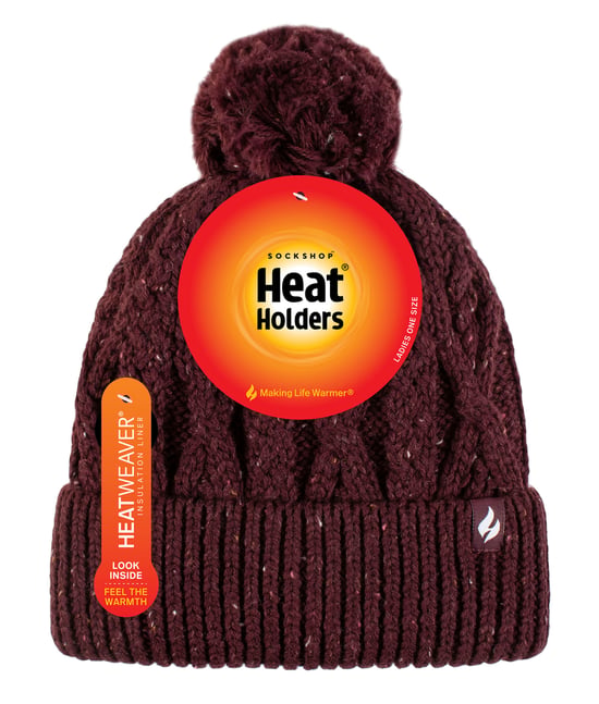 Damen Pom Pom Bommelmütze | Wärmehalter | Modische Chunky Warm Cable Knit Beanie mit Heatweaver Fleece Innenfutter | Salzburg Style - Wein - Image 2