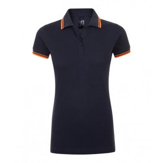 SOLS Damen/Damen Pasadena Tipped Kurzarm-Pique-Poloshirt (French Navy/Neon Orange) - Image 1