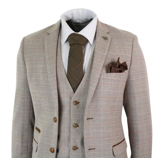 Herren 3-teiliges beiges Tweed-Karomuster Vintage Retro Anzug - Image 5