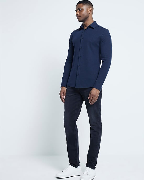 River Island Mens Shirt Navy Slim Fit Waffle Textured Jersey