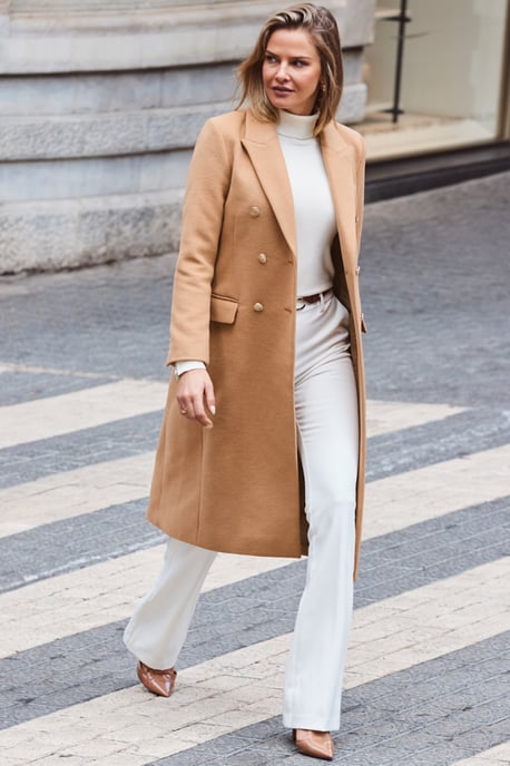 Camel Double Breasted Longline Coat With Gold Button Detail