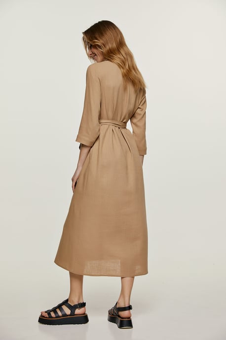 Beigefarbenes Midikleid aus Leinen mit Gürtel - Image 3
