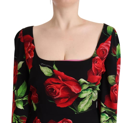 Dolce & Gabbana Damen Schwarzes Rotrosen Kleid aus Stretchseide - Image 3