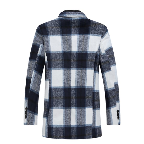 Men's Long Slim Fit Checked Winter Thick Coat with Shawl Collar Blue