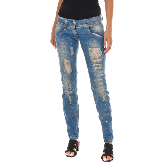 Lange Jeanshose mit abgetragenem und zerstörtem Effekt 10DB50128 Damen - Image 1