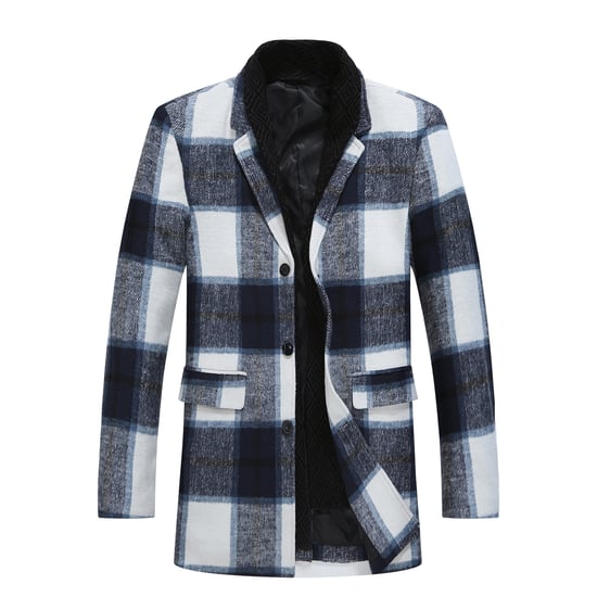 Men's Long Slim Fit Checked Winter Thick Coat with Shawl Collar Blue