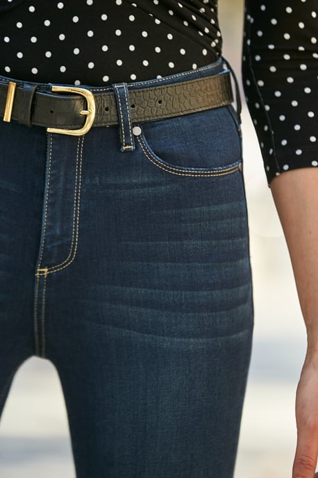 Black Croc Leather Waist Belt With Gold Trim