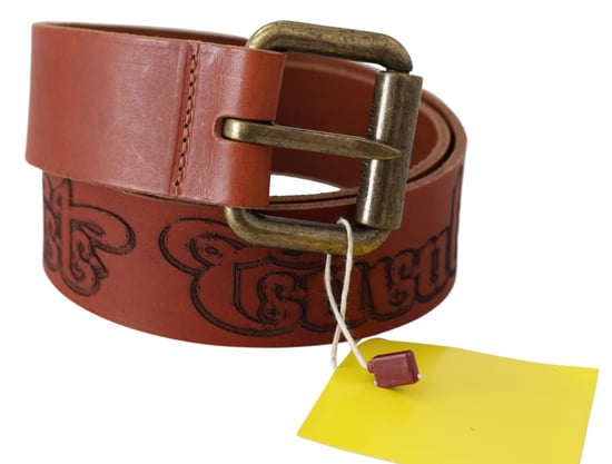 Just Cavalli Women's Brown Leather Logo Bronze Rustic Metal Buckle Belt