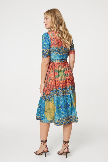 Blue Printed Ruched Waist Faux Wrap Midi Dress