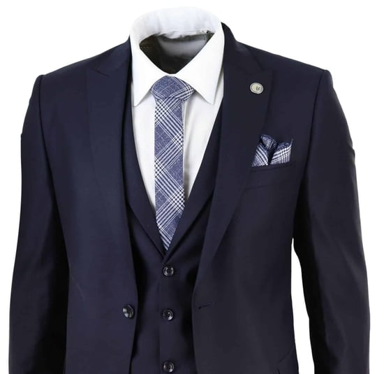 Mens 3 Piece Suit Plain Navy Classic Tailored Fit Smart Casual 1920s Formal