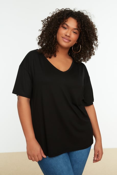 Einfaches V-Ausschnitt Plus-Size T-Shirt im Off-Shoulder Basic-Stil - Image 3