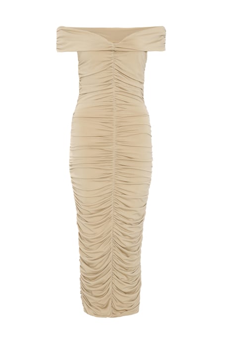 Stone Bardot Ruched Midi Dress