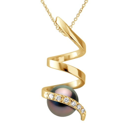 Pendant Spiral Diamonds 0,06 Cts - Quality HSI - Yellow Gold - Real Cultured Tahiti Pearl Round 7-8 mm