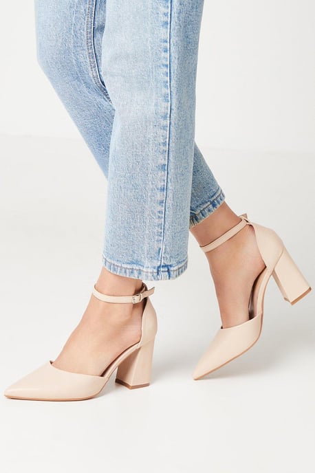 Blanche Ankle Strap Pointed High Block Heel Court Shoes - Image 1
