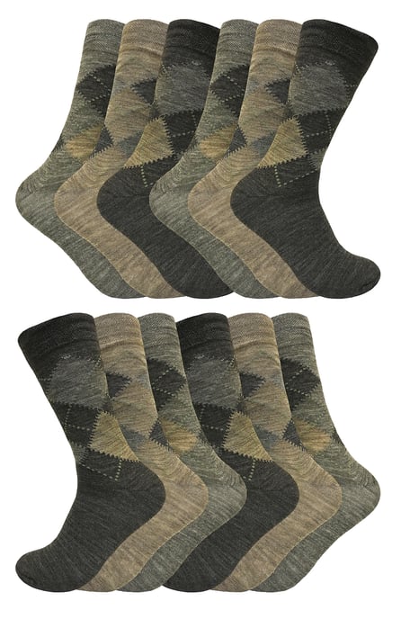 12 Paar Multipack Herren Lambswool Socken | Sock Snob | Dünne und weiche Honeycomb Top Argyle gemusterte Socken - Braun - Image 1