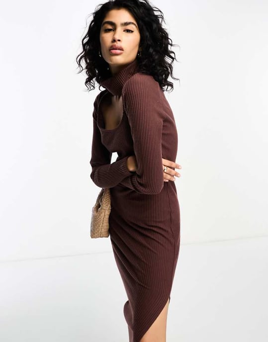 ASOS DESIGN supersoft rib long sleeve fitted midi dress with choker detail in chocolate-Brown