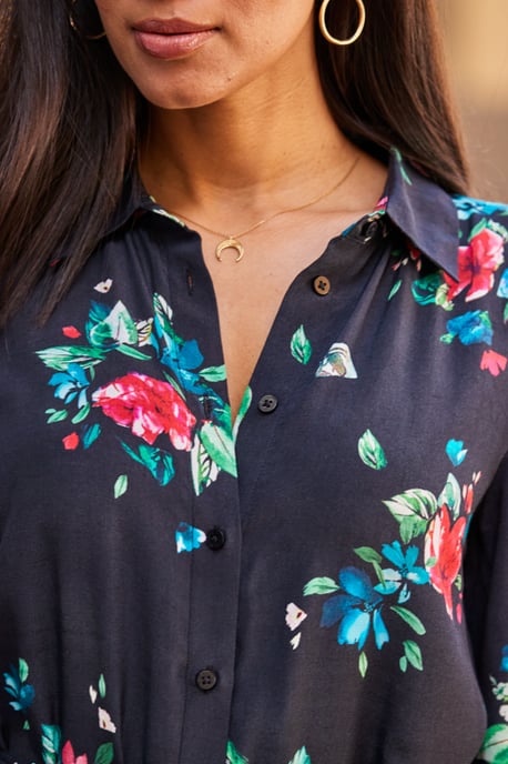 Black Floral Print Belted Midi Shirt Dress