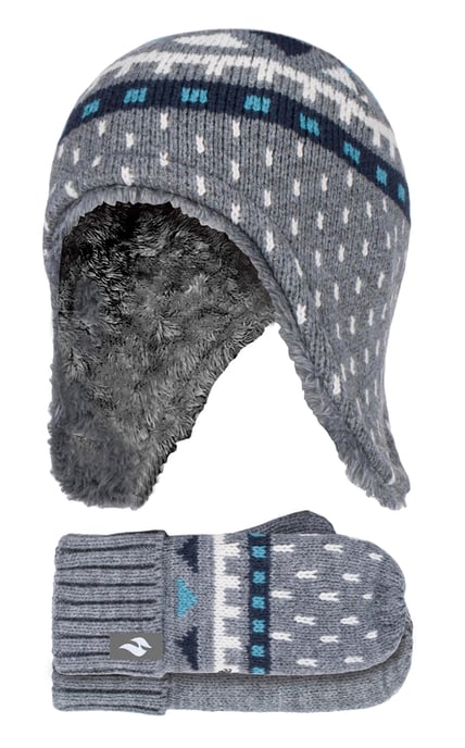 Wärmehalter - Jungen Outdoor Kunstfell Pom Pom Mütze mit Ohrenklappen & Fäustlinge Handschuhe - Pebble Melange - Image 1