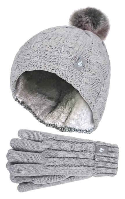 Wärmehalter - Set aus Bommelmütze und Handschuhen für Mädchen | Mütze mit umgeschlagener Manschette und Kabelstrickhandschuhe - Frostgrau meliert - Image 1