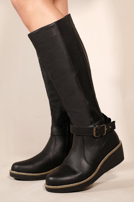 Where's That From Womens 'Ayleen' Wedge Heel Knee High Boots With Elastic Panel In Black Faux Leather