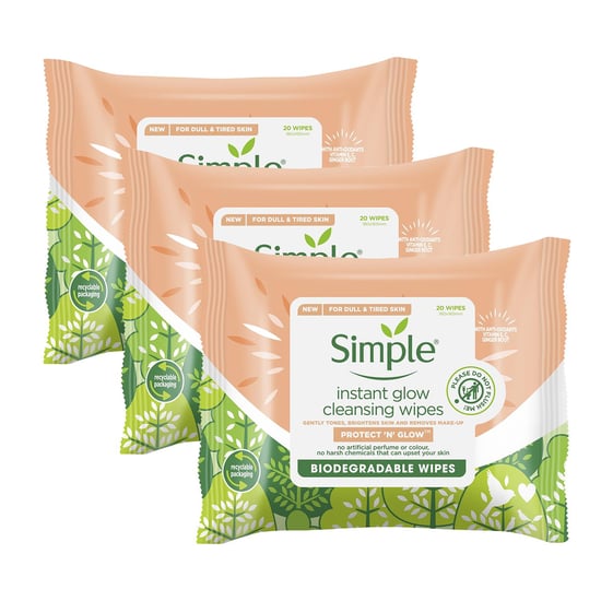 Simple Protect 'N' Glow Instant Cleansing Wipes for Dull & Tired Skin, 3 Pack