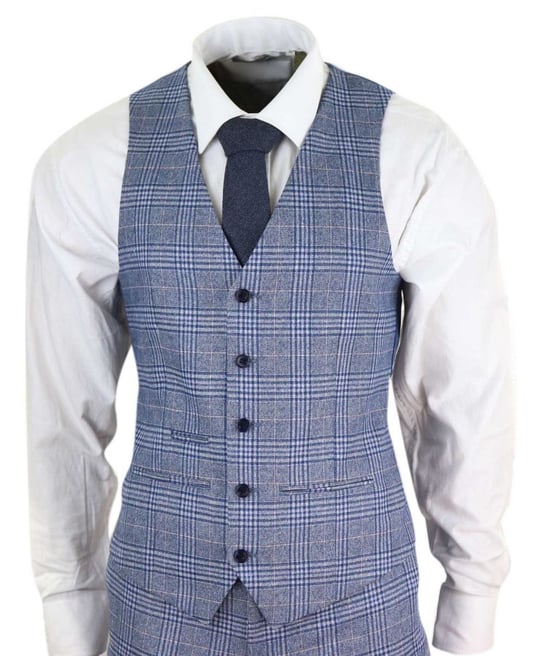 Herren 3-teiliges Anzugset in Blau-Grau mit Karomuster, Vintage Retro - Image 2