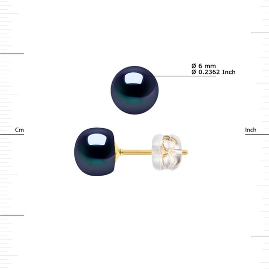 DIADEMA - Earrings - Real Freshwater Pearls - Black Tahitian Style - Yellow Gold