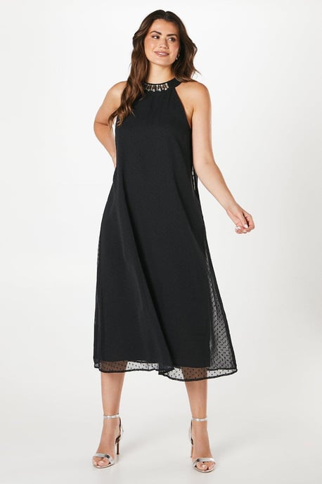 Petite Dobby Embellished Halterneck Swing Dress - Image 1