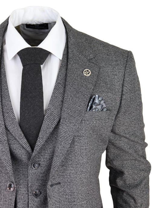 Herren Graues 3-Teiliges Anzugset Prince of Wales Karomuster Klassischer Taillierter Hochzeitsanzug - Image 5