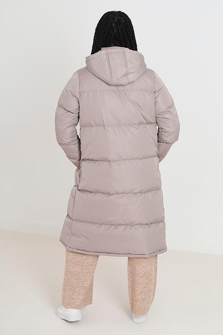 Stone 'Cello' Maxi Length Padded Jacket With Fixed Hood