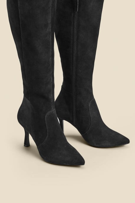 Black Suede Flared Heel Knee High Boots