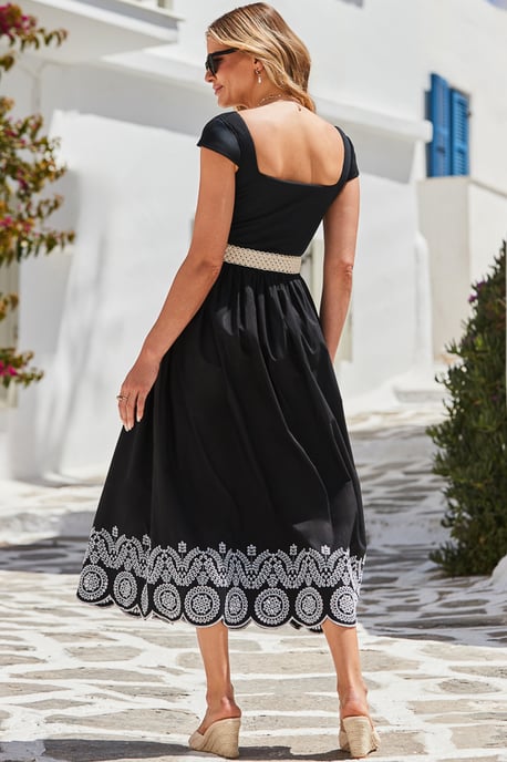 Black Embroidered Hem Square Neckline Midi Dress - Image 3