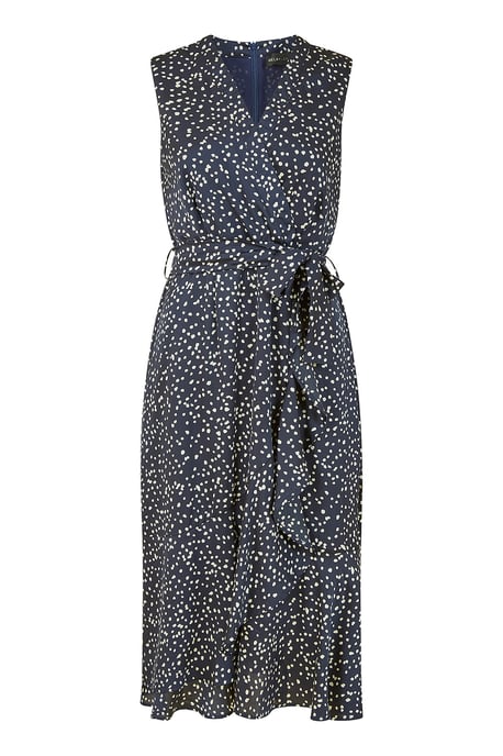 Navy Spot Satin Wrap Effect Midi Dress