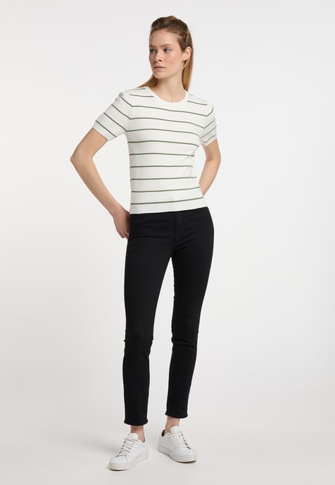 Dreimaster Kurzarm-Pullover Damen Wollweiss Oliv - Image 3
