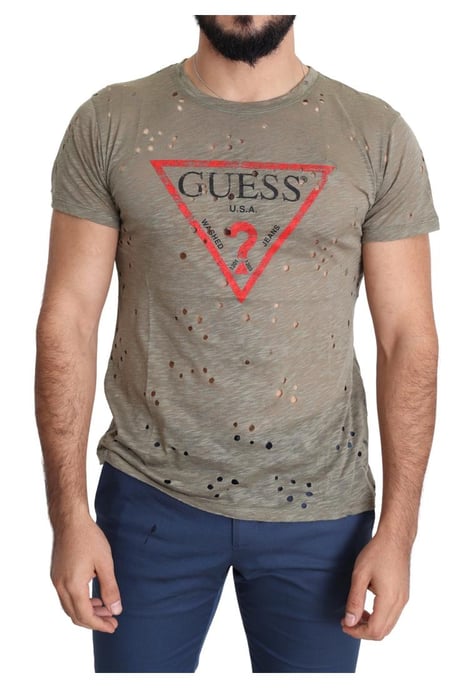 Guess Herren Braunes Baumwollstretch T-Shirt mit Logo-Print und perforierten Details - Image 1