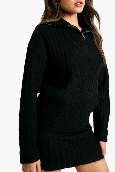 Soft Knit Thick Rib Zip Neck Oversized Jumper And Mini Skirt Set - Image 4