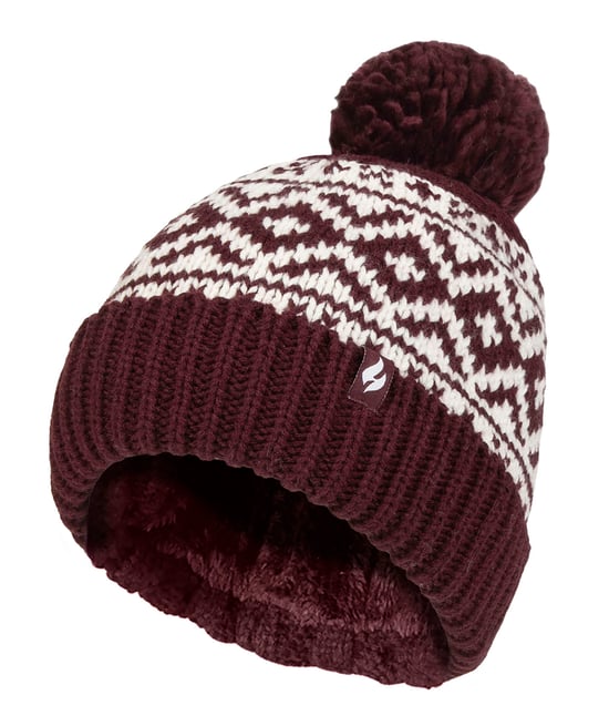 Gemusterte Damen-Turnover-Bommelmütze | Wärmehalter | Grober Zopfstrick mit Heatweaver-Fleece-Futter | Billingen Style - Wein - Image 1