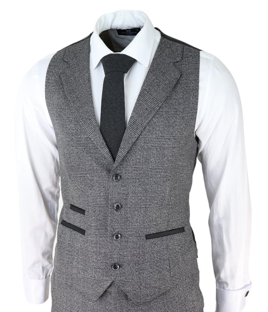 Herren Graues 3-Teiliges Anzugset Prince of Wales Karomuster Klassischer Taillierter Hochzeitsanzug - Image 4