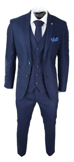 Herren Anzug im klassischen Stil mit 3 Teilen aus marineblauem Birdseye-Tweed - Image 2