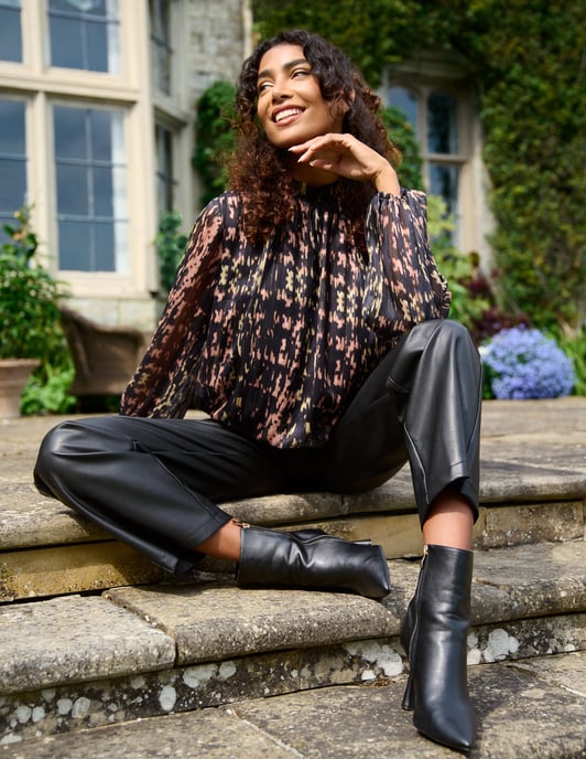 High Neck Abstract Cuff Sleeve Blouse