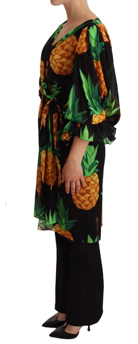 Dolce & Gabbana Damen Schwarzes Ananas-Print Wickelkleid aus Stretch-Seide - Image 2