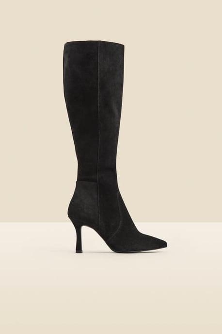 Black Suede Flared Heel Knee High Boots
