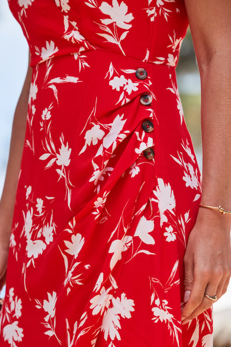 Red Floral Print Button Detail Faux Wrap Dress
