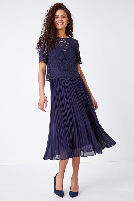Lace Top Overlay Pleated Midi Dress