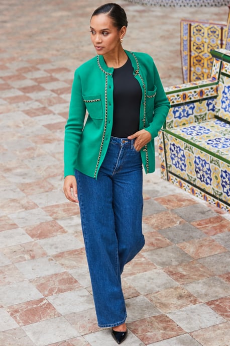 Green Pocket Front Cardigan With Chain Trim Detail