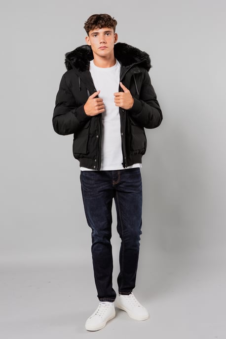 Black Short Padded Parka Jacket With Faux Fur Hood