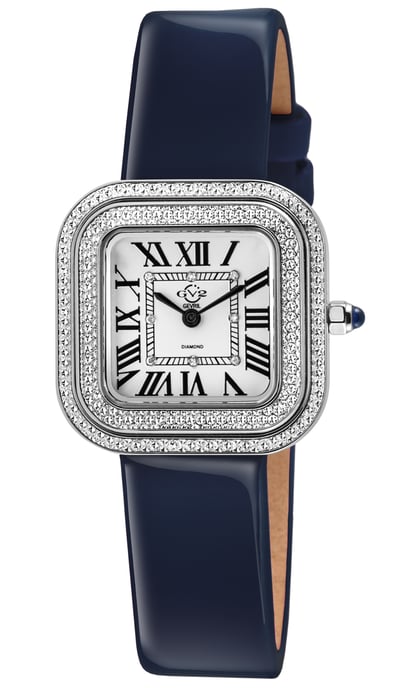 GV2 Bellagio Women's Swiss Made Diamond Watch, Silver-White Dial, Genuine Dark Blue Handmade Leather Strap