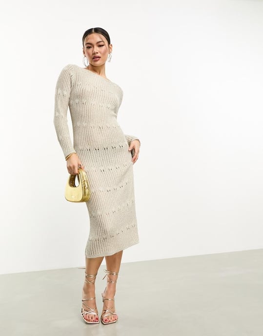 ASOS DESIGN metallic knitted maxi dress with stitch detail in silver