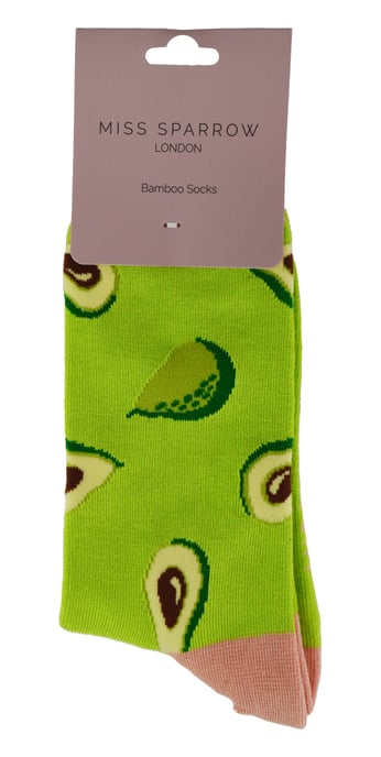Frauen Neuheit lustige Frucht Socken | Miss Sparrow | Funky Wassermelone Avocado Zitronen Design Bambus Socken - Avocado (Grün) - Image 2